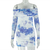 Women Printed Long-Sleeve Off-Shoulder Strapless Shoulder-Baring Bodycon Dress