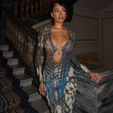 Autumn Women's Fashion Buckle Patchwork Long Sleeve Low Neck Bodycon Dress