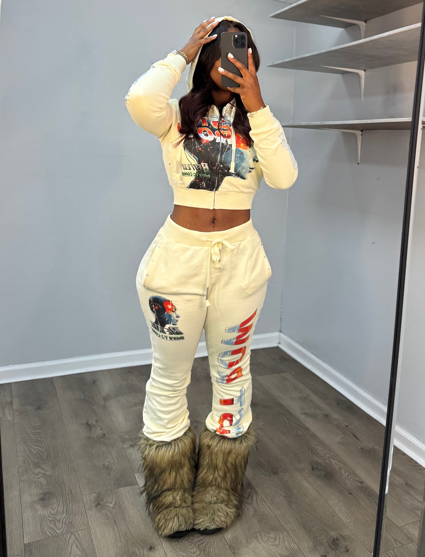 Women's American Letter Sexy Hooded Jacket and Pants Set