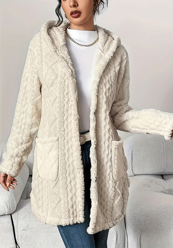 Women Winter Casual Jacquard Plush Hooded Long-Sleeve Jacket
