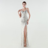 Women's Sequin Beaded Fishbone Slim Waist Evening Dress