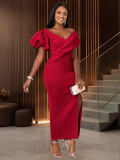 Lantern Sleeve V-Neck Dress Formal Black Party Gown
