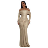 Women's Sexy Off Shoulder Slim Fit Long Sleeve Glossy Long Dress