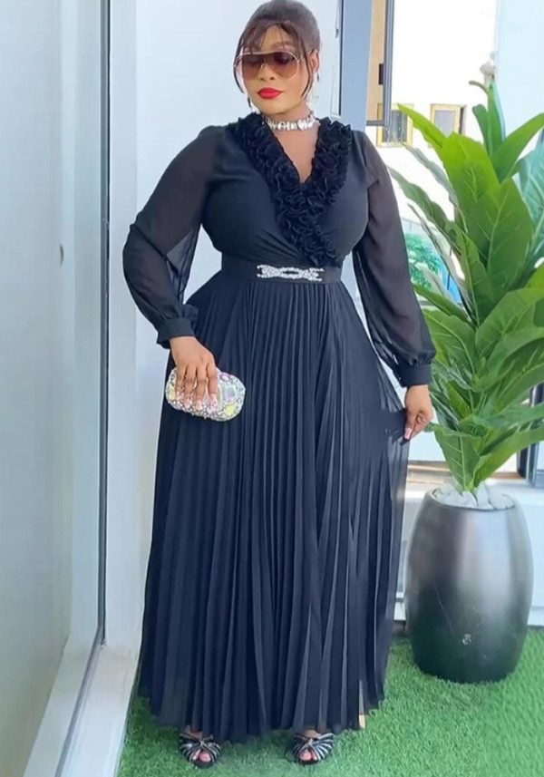 Plus Size Women's Black Ruffle V-Neck Pleated Formal Party Dress with Diamond Belt