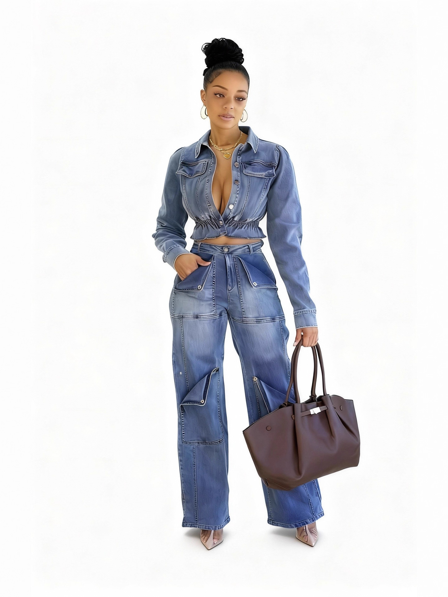 Autumn Women's Fashion Sexy Stretch Multi-Pocket Washed Denim Casual Pants Set