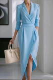 Autumn Winter Women's Chic Turndown Collar Slim Waist Long Sleeve Irregular Dress