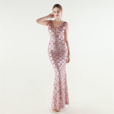 Women Beaded Rhinestone V-Neck Mermaid Evening Dress