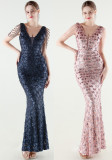 Women Beaded Rhinestone V-Neck Mermaid Evening Dress