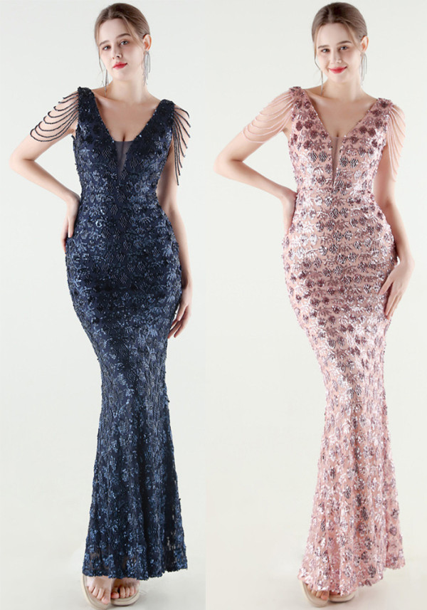 Women Beaded Rhinestone V-Neck Mermaid Evening Dress