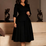 Autumn Women's 3/4 Sleeves Turndown Collar Plus Size African Dress