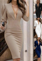 Autumn Winter Women's Fashion V-Neck Slim Waist Solid Color Seven Sleeves Dress