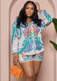 Women Printed Long-Sleeve Top and Shorts Casual Two-Piece Set