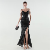 Women's Sequin Beaded Fishbone Slim Waist Evening Dress