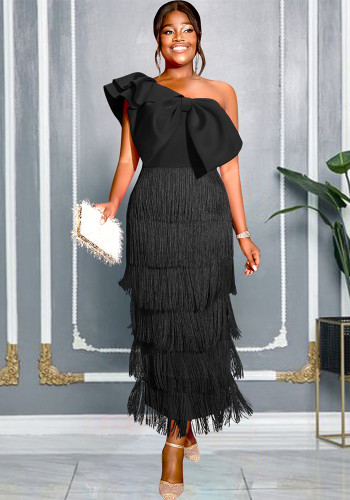 Plus Size Women's Black One Shoulder Large Bow Fringe Slim Fit Chic Dress