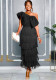 Plus Size Women's Black One Shoulder Large Bow Fringe Slim Fit Chic Dress
