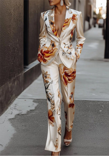 Women Printed Long-Sleeve Blazer and Pants Two-Piece Set
