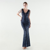 Women Beaded Rhinestone V-Neck Mermaid Evening Dress