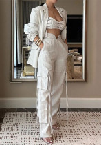 Women Beige Pocket Blazer with Sash Trousers Two-Piece Set Women Beige Pocket Blazer with Sash Trousers Two-Piece Set