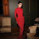 Autumn Winter Women's Fashion Long Sleeve Semi High Neck Bodycon Low Back Dress