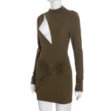 Autumn Winter Women's Solid Color Slim Fit Elegant Hollow Pleated Long Sleeve Mini Dress