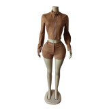 Women's Casual Long Sleeve Stretch Suede Shorts Suit