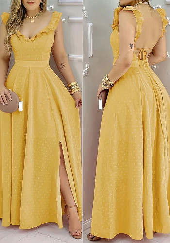 Summer Women's Solid Color V-Neck Backless Maxi Dress