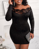 Women Lace Off-Shoulder Hollow-Out Shiny Highlight Stretchy Bodycon Dress