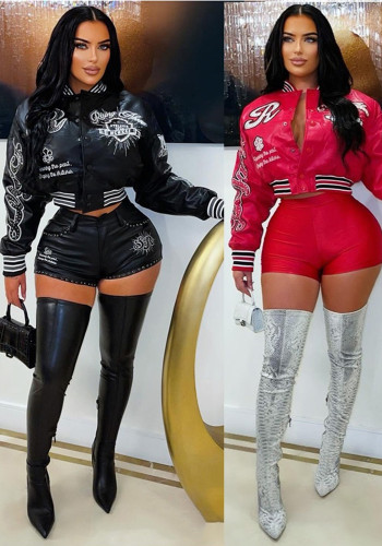 Autumn Winter Women's Ribbed Pu Leather & Embroidery Baseball Jacket