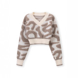 Autumn Women's Fashion Sweet Color Block Low Cut V-Neck High Waist Knitting Top