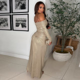 Women's Sexy Off Shoulder Slim Fit Long Sleeve Glossy Long Dress