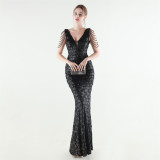 Women Beaded Rhinestone V-Neck Mermaid Evening Dress
