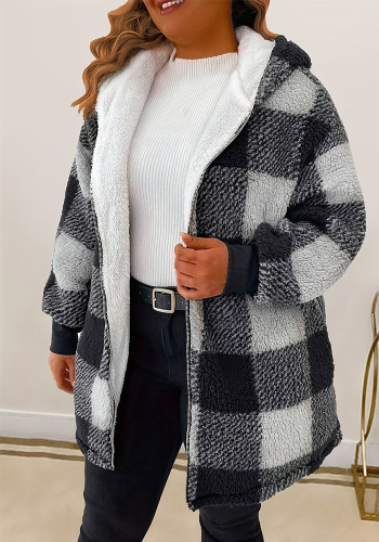 Women's Fashion Plaid Loose Hooded Coat