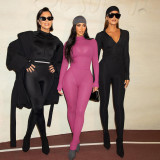 Autumn Winter Women's Fashion Long Sleeve Solid Color Patchwork Bodysuit Top and Pants Set