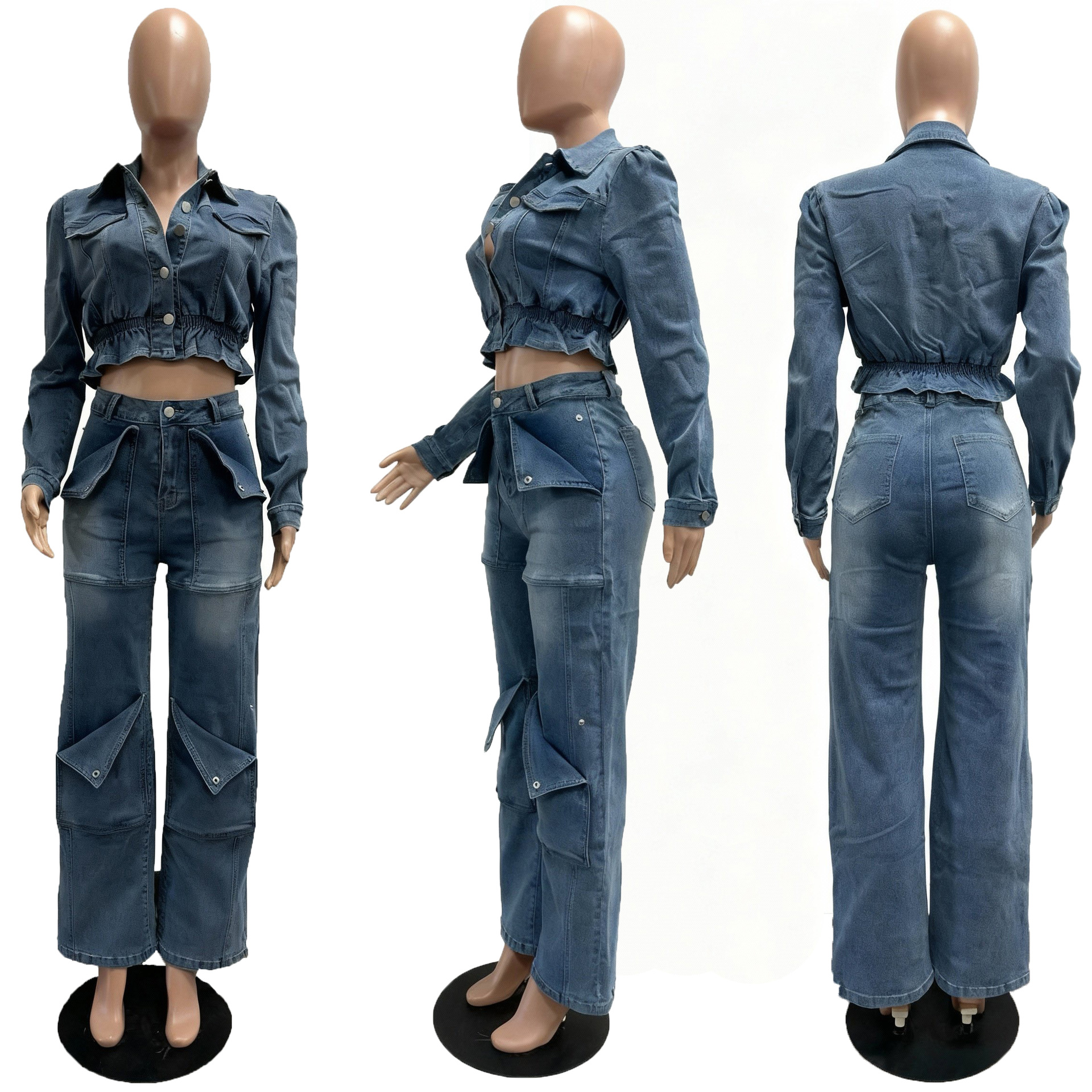 Autumn Women's Fashion Sexy Stretch Multi-Pocket Washed Denim Casual Pants Set