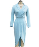 Autumn Winter Women's Chic Turndown Collar Slim Waist Long Sleeve Irregular Dress