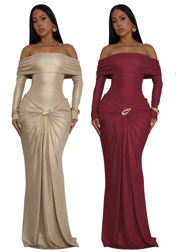 Women's Sexy Off Shoulder Slim Fit Long Sleeve Glossy Long Dress
