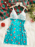 Women V-Neck Bow Christmas Snowflake Print Camisole Nightgown