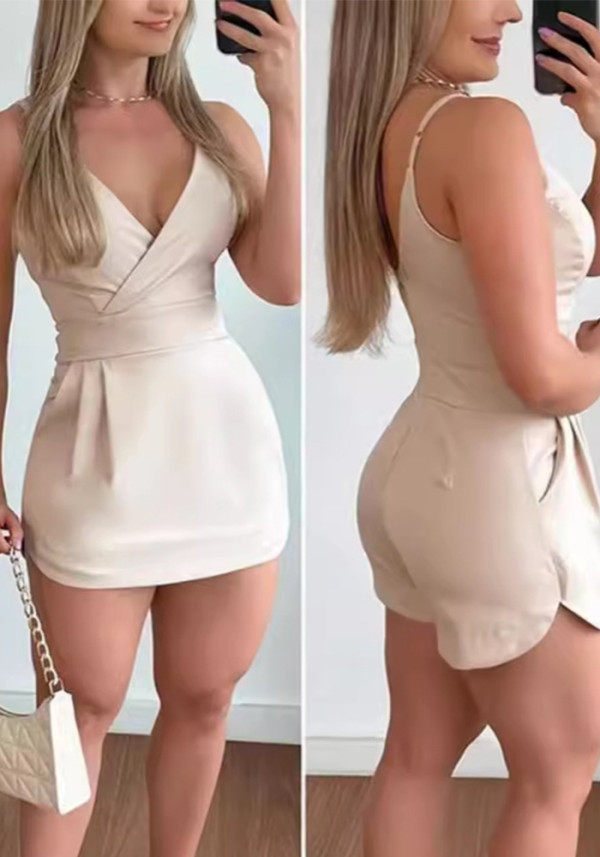 Women Solid Camisole V-Neck Pocket Backless Sexy Dress