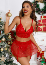 Christmas Women Sexy Lace Pearl Short Skirt Sexy Lingerie Three-Piece Set