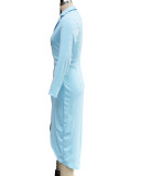 Autumn Winter Women's Chic Turndown Collar Slim Waist Long Sleeve Irregular Dress