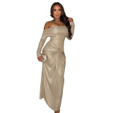 Women's Sexy Off Shoulder Slim Fit Long Sleeve Glossy Long Dress