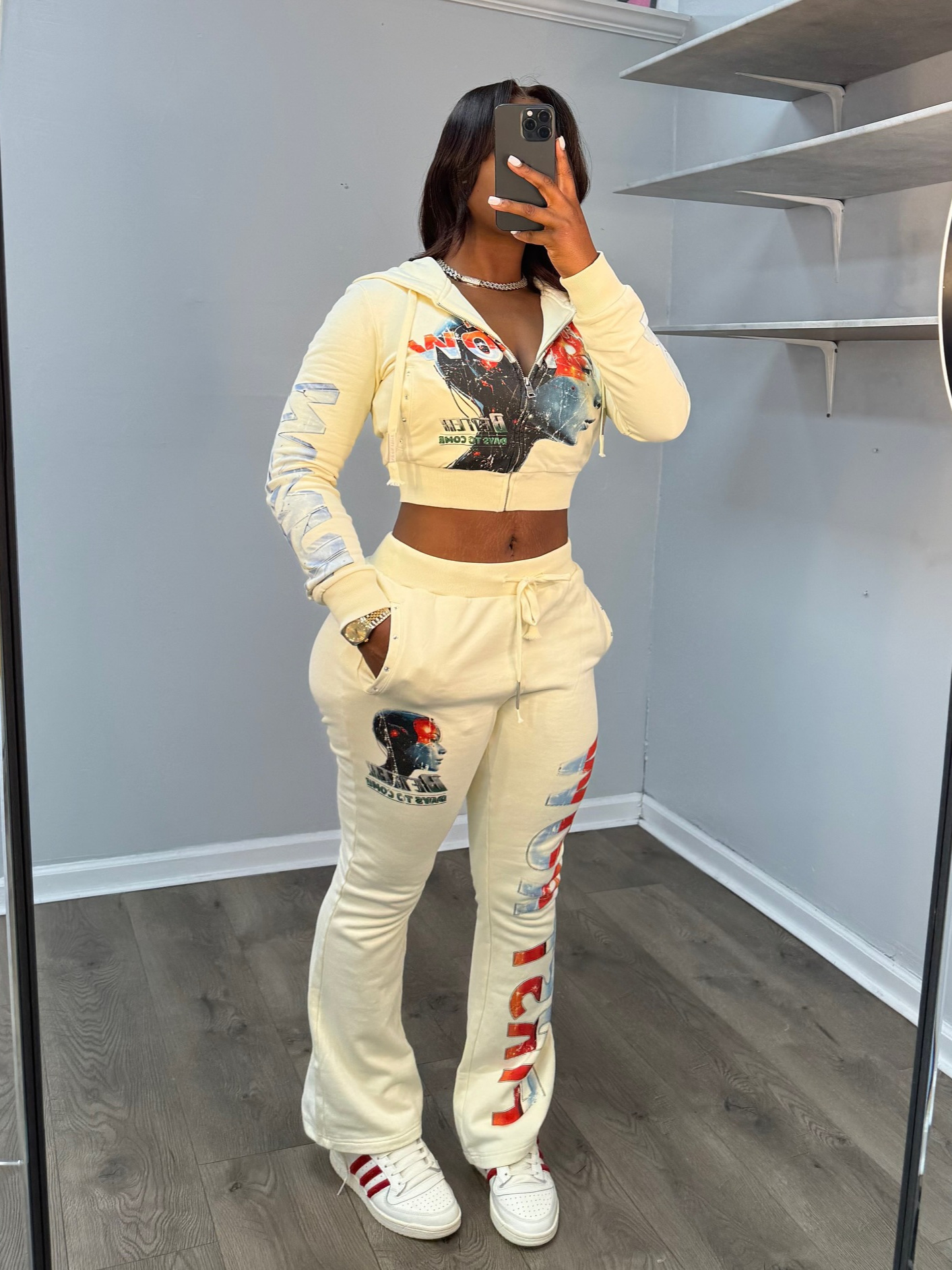 Women's American Letter Sexy Hooded Jacket and Pants Set