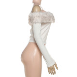 Women Autumn & Winter Off-Shoulder Fleece Patchwork Color-Block Long-Sleeve T-Shirt Crop Top