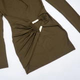 Autumn Winter Women's Solid Color Slim Fit Elegant Hollow Pleated Long Sleeve Mini Dress