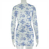 Women Elegant Sexy Printed Ruched Round Neck Long-Sleeve Bodycon Dress