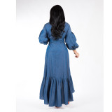 Women Ruffled Lantern Sleeve V-Neck Denim Dress