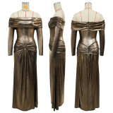 Women's Sexy Off Shoulder Slim Fit Long Sleeve Glossy Long Dress