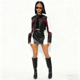 Women's Fashion Leather Patchwork Short Skirt Jacket Set