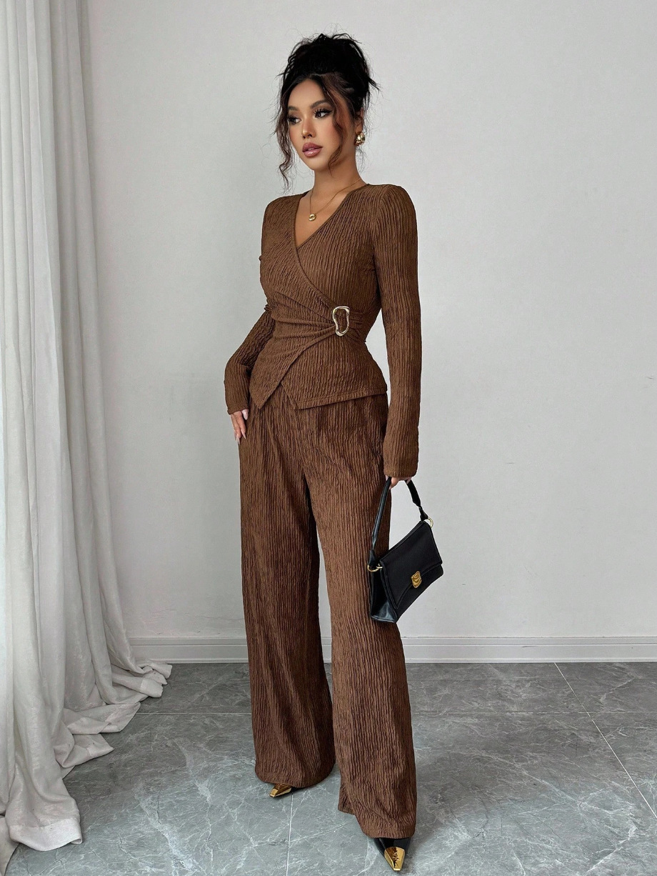 Women's Solid Color V-neck Long Sleeve Casual Two Piece Pants Set