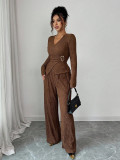 Women's Solid Color V-neck Long Sleeve Casual Two Piece Pants Set